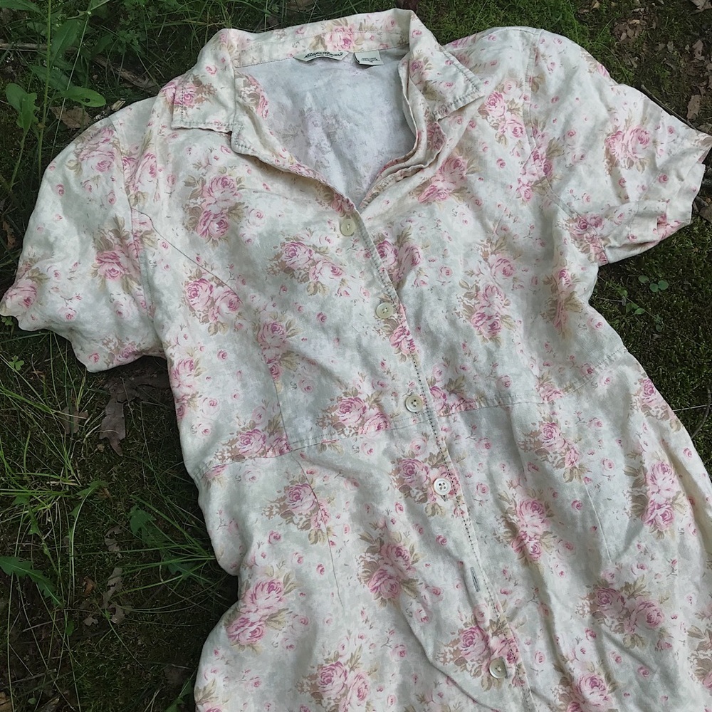 Button Up Floral Rose Linen Dress by Eddie Bauer